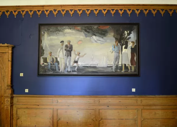 Roberts Muzis (1944) „Svētki”, 1982. Audekls, eļļa, 125x250 cm. LMS muzejs